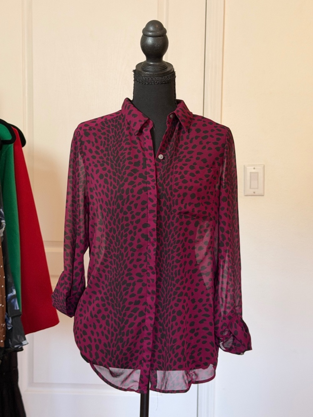 DKNY Leopard Print Blouse Button Front Long Sleeve Shirt